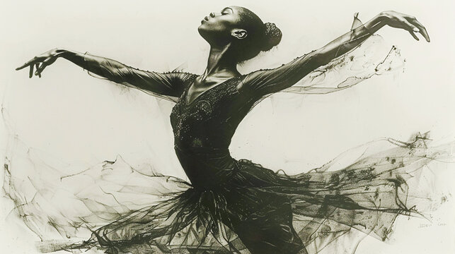 Black charcoal pencil drawing of a young active ballet dancing lady in white background with live performance