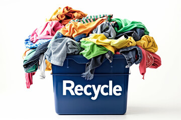 Blue recycling bin overflows with colorful textiles, promoting sustainable practices and the importance of recycling clothing to protect our environment from waste