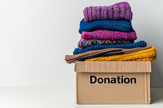 Stack of colorful knitted sweaters and scarves atop a cardboard box labeled 'donation' against a clean white background, symbolizing charitable acts and the recycling of clothes for those in need