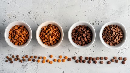 assortment of premium dry dog and cat food in white bowls on neutral background top view