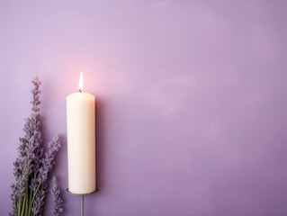 Lavender background with white thin wax candle with a small lit flame for funeral grief death dead sad emotion with copy space texture for display 