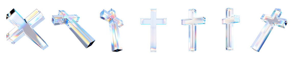 Set of 3d transparent glossy church cross with dispersion effect. Rainbow colors reflection glass. 3d glass cross with crystal dispersion effect. Abstract empty glassy square with prism holographic