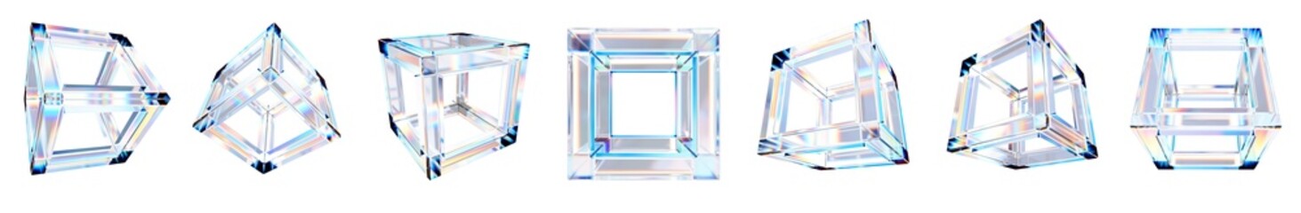 Set of 3d transparent glossy hollow cube with dispersion effect. Rainbow colors reflection glass. 3d glass box with crystal dispersion effect. Abstract empty glassy square with prism holographic