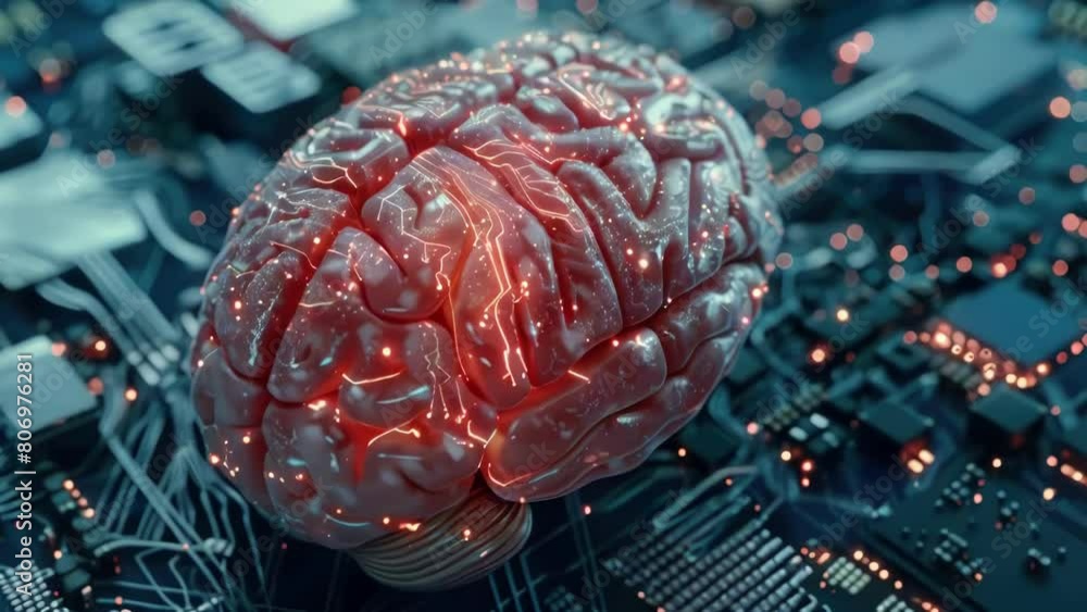 Poster a brain is shown on a computer chip. the brain is glowing red and is surrounded by wires. concept of
