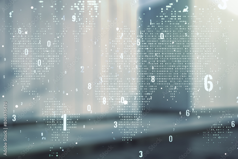 Poster abstract virtual coding illustration and world map on blurry contemporary office building background