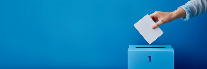 Voting for the European Union election, a hand putting a ballot paper into a ballot box on a blue background with copy space AI