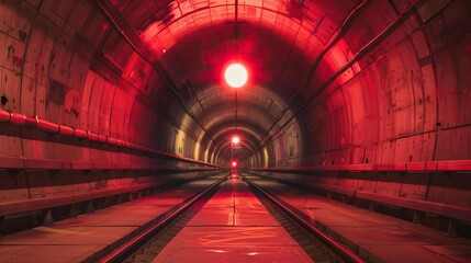 The dark red tunnel with bright red light in the end