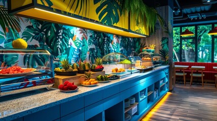 Fototapeta premium colorful buffet counter in a tropical selfservice restaurant dining room vibrant interior design concept