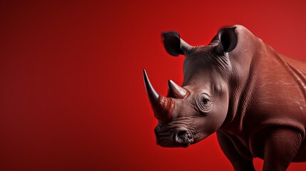 A magnificent rhinoceros stands boldly against a brilliant red backdrop