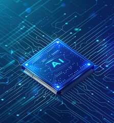 The image shows a blue glowing microchip with the letters AI in the center, representing artificial intelligence.