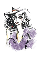 帽子に紫のシャツの自分を指さしている女性