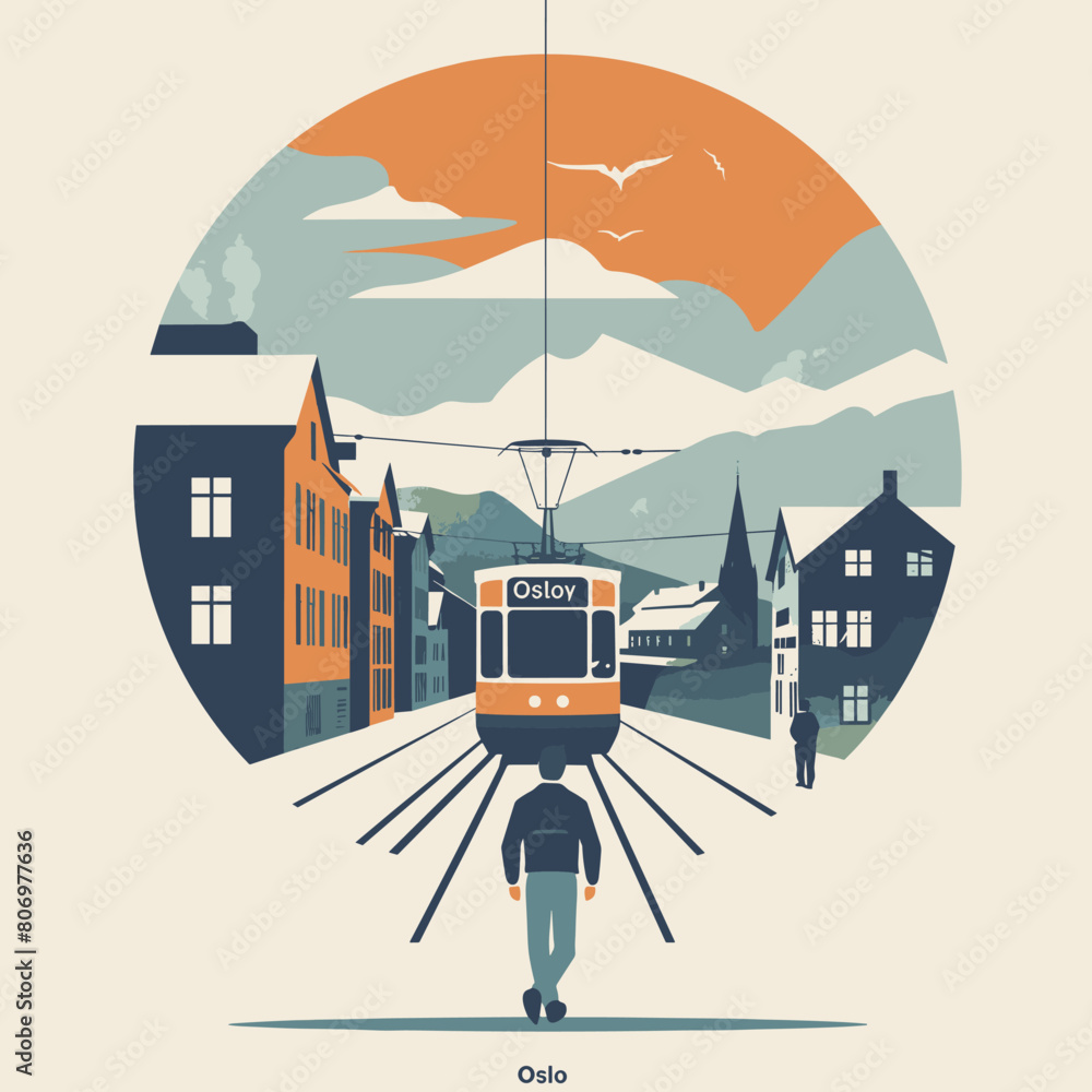 Poster a man is walking in front of a train that says osloy on it. the train is on a track and is surrounde