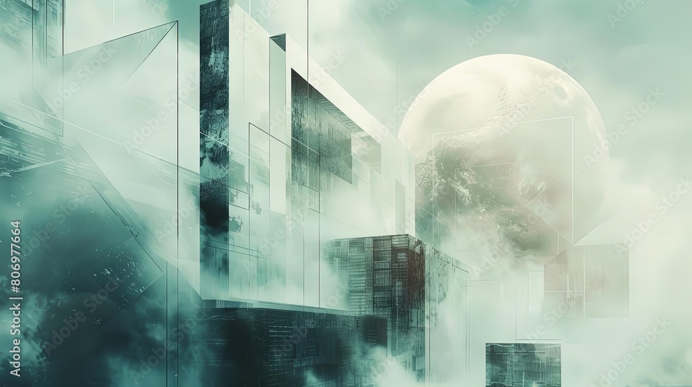 Poster abstract composition with transparent layers and interstellar tones, featuring a white building in t