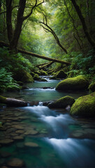 Enchanted forest brook, Discover the magic of an enchanted forest with a crystal-clear stream winding its way through the verdant landscape, inviting exploration and contemplation.