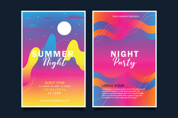 Summer night party poster with colourful liquid form. Club night flyer. Abstract gradients fluid shapes template backgrounds for cover, brochure