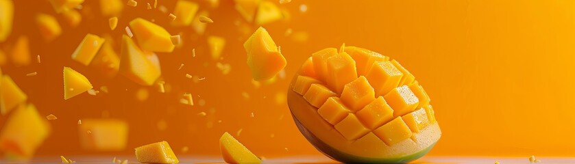 Photographic poster of a halfcut mango with pieces gently rising, surrounded by expansive negative space for a tranquil feel