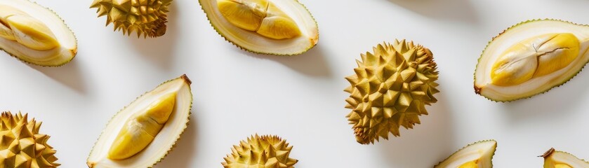 Minimalist design poster of sliced durian segments floating against a stark white background, highlighting the contrast and detail