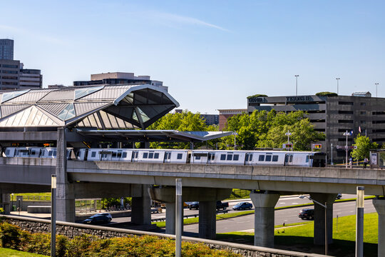 Tysons Corner, Virginia USA The elevated Washington DC Metro and skyline.