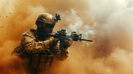 A fully equipped soldier in tactical gear shooting a rifle amidst a cloud of smoke and dust.