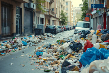 In garbage strike, overflowing waste piles of garbage are seen on streets of city. AI Generative