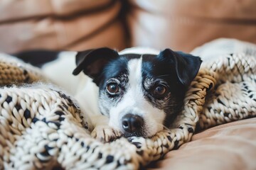 Black and White Dog Relaxing on Knit Blanket
