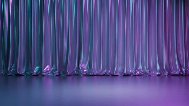 room or studio for product display animation. satin fabric curtain, 3d render, realistic style. Beautiful neon colors, dark background. template for showcase, presentation. motion graphics, copy space