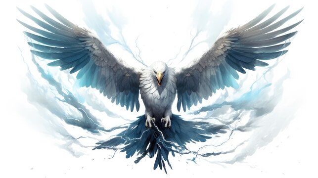 Thunderbird stormcaller watercolor illustration - Generative AI. Blue, white, thunderbird, storm, cloud.
