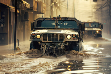 During flood, column of military vehicles navigates flooded avenues to assist people AI Generative