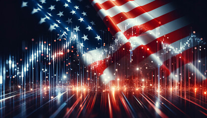 The American flag in the background, subtly blended with a digital financial graph overlay