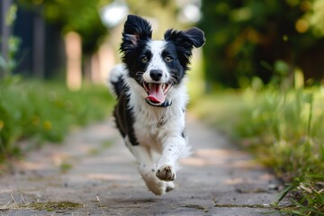 Black and White Border Collie Running on Sidewalk