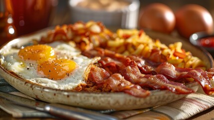Classic portrait of a full American breakfast featuring crispy bacon, golden hash browns, and sunny-side-up eggs, served on a traditional plate