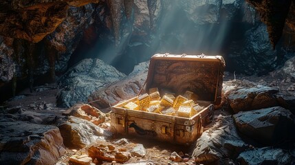Adventurer's magical case spilled with enchanted items and artifacts in a cave.