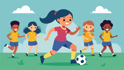 A young girl playing soccer with her teammates challenging the stereotype that sports are only for boys..