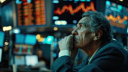 Obraz premium Corporate finance crisis captured with a worried stock trader staring at declining stock charts, in a bustling trade floor environment