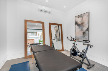 an exercise room has a personal gym equipment, mirrors and blue mats