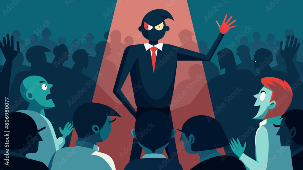 Aufkleber a shadowy figure with a distorted voice issuing commands to a crowd of panicked individuals..