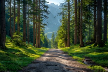 Obraz premium Serene Forest Road Leading Through Majestic Pine Trees with Sunlight Filtering Through