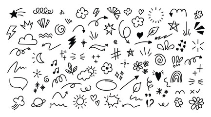 Set of cute pen line doodle element vector. Hand drawn doodle style collection of heart, arrows, scribble, speech bubble, star. Cute isolated collection for office