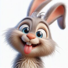 Obraz premium a photorealistic whimsical cartoon rabbit with a mischievous grin. The rabbit has blue eyes and long fur