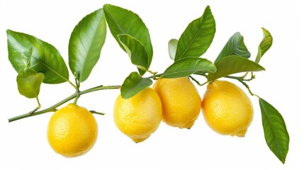 fresh lemons on branch with leaves isolated on white background cut out photo