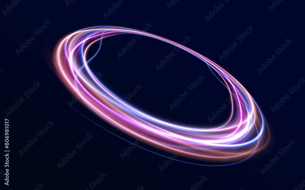 Poster Abstract bright neon loop with transparency. Glowing spiral cover.Neon light circle of speed in the form of a round whirlpool.	