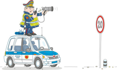 Traffic policeman with a portable speed trap and a radio transmitter standing on a patrol police car and spying on moving automobiles on a highway, vector cartoon illustration