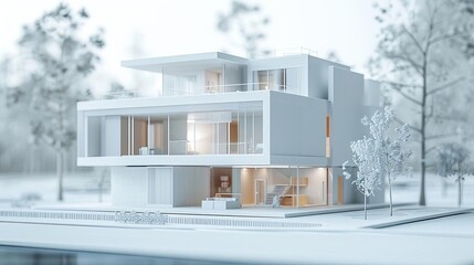 futuristic townhouse architectural model with blueprints and cad details 3d illustration