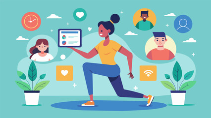 A person using an interactive fitness app to join virtual classes and connect with others creating a sense of community and accountability for their. Vector illustration
