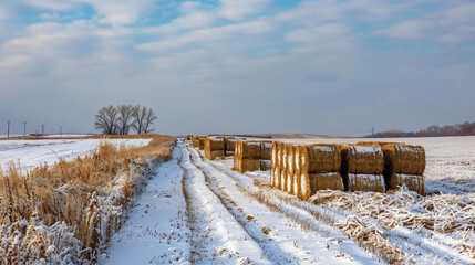Straw bales on farmland in winter with blue clouds
