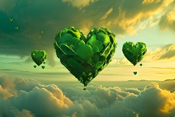 Beautiful colorful green hearts for Valentine's Day and Kissing Day in clouds of green tones