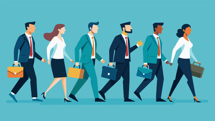 A group of professionals in suits and briefcases walking together during their lunch break using their break to stay physically active and connected. Vector illustration