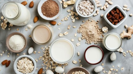 Different vegan plant milk and ingredients on gray background