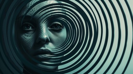 Elegant design poster with segments of a foreign face arranged in a floating spiral, the negative space enhancing the spiral s mysterious allure - obrazy, fototapety, plakaty