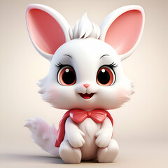 Cute white bunny with red bow tie sitting. 3d rendering